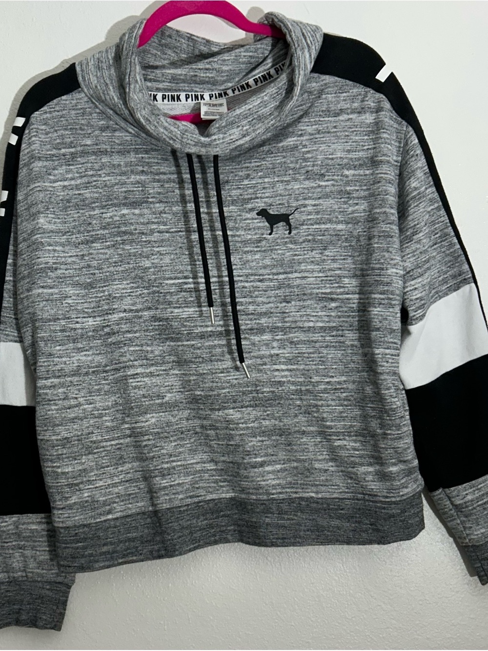 PINK Victoria's Secret Grey Marled Cowl Neck Pullover with Contrast Panels